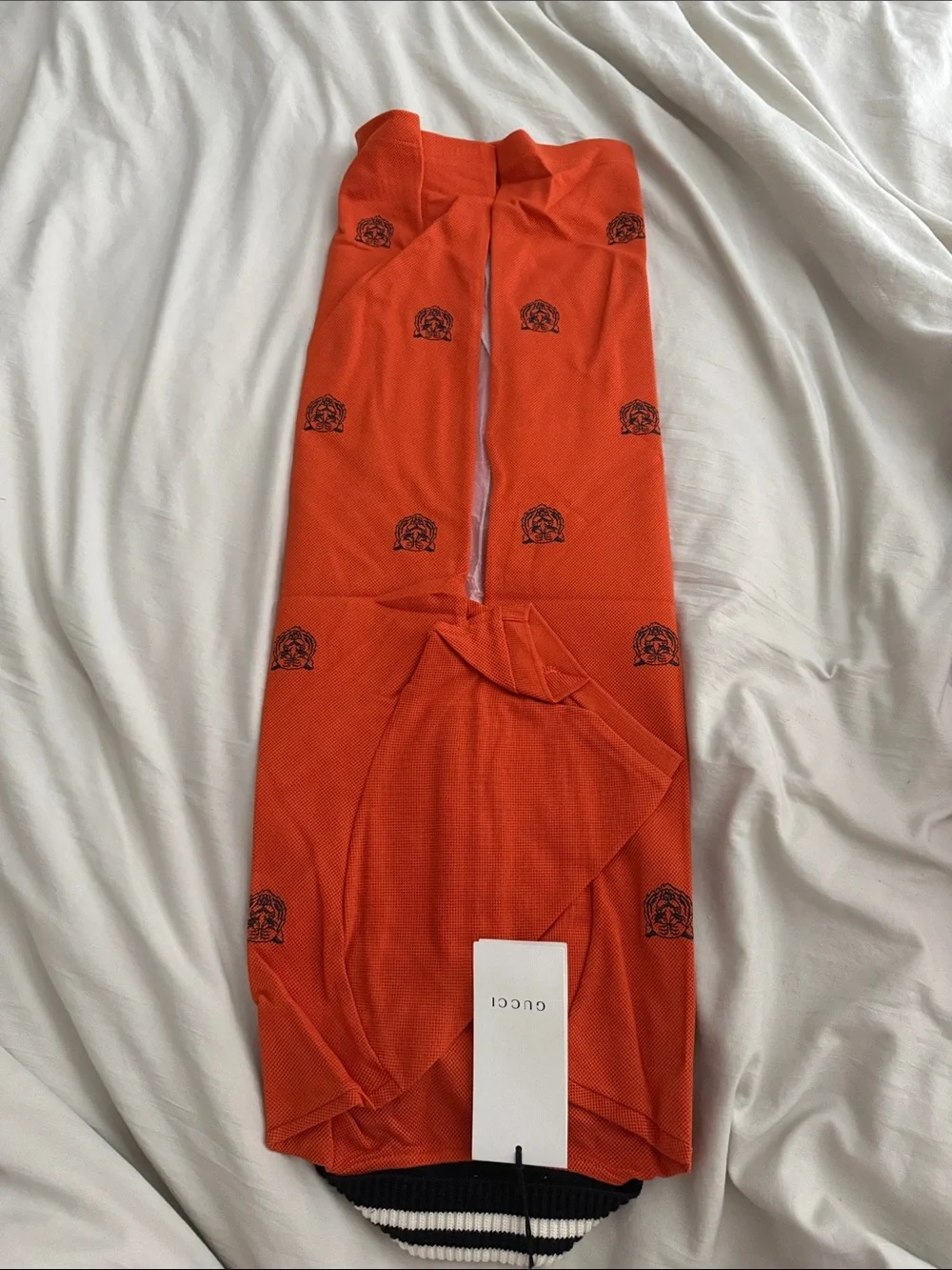 Gucci Men's Orange Polo with Black Tiger Motif & Striped Collar